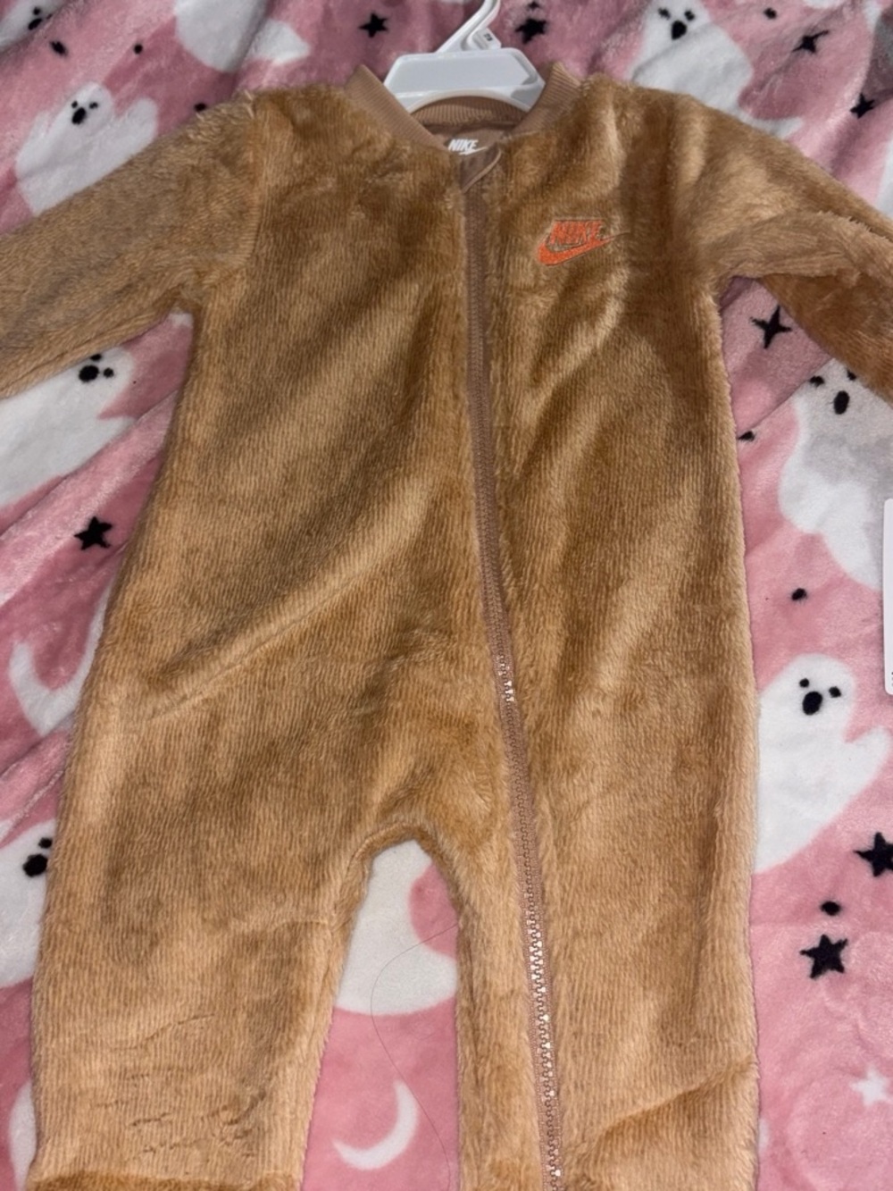 Nike Kids Tan Fuzzy Zip-Up Footie with Orange Logo